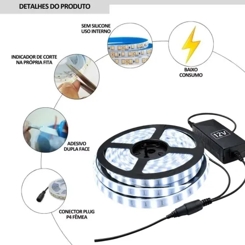 Fita led 5 metros + fonte cor branco frio