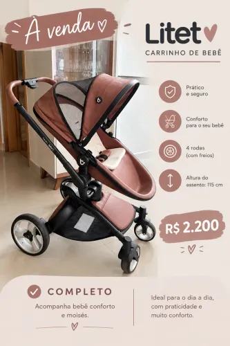 Carrinho Litet Candy Completo c/ bebê conforto e Moisés