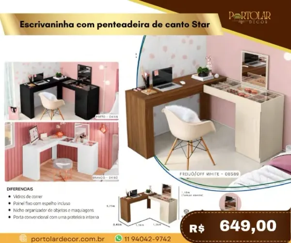 Escrivaninha com Penteadeira de canto flor, a pronta entrega