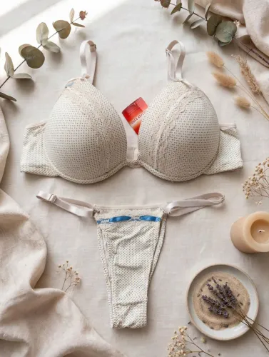Conjunto Romântico Renda e Poá - Nude com Lacinho Azul | Novo G<br>