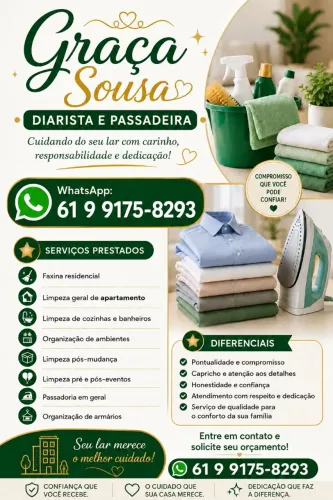 DIARISTA, FAXINEIRA, PASSADEIRA E PERSONAL CHEF 