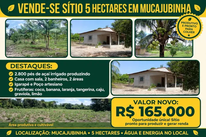 VENDE-SE SÍTIO DOS SONHOS - 5 HECTARES EM MUCAJUBINHA