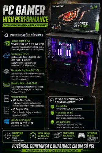 PC Gamer GTX 1070 Ti 8GB + 32GB RAM + SSD 120GB + HD 1TB