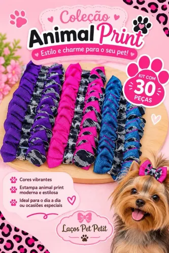 Kit 30 Laços Pet para Banho e Tosa Pet Shop Estampa Animal Print
