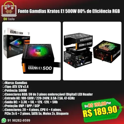 Fonte Gamdias Kratos E1 500W 80% de Eficiência RGB