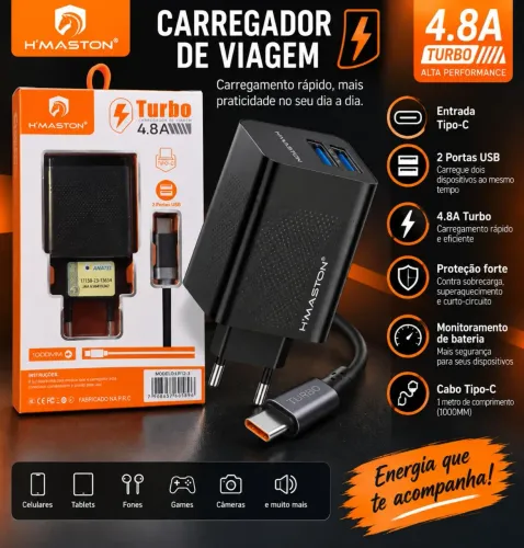 Carregador H?Maston Turbo 4.8A com 2 USB + Cabo Tipo-C 1 Metro