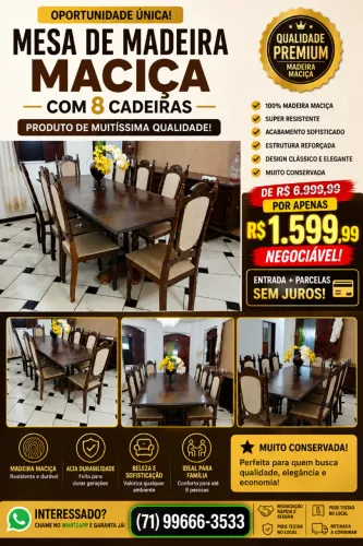 MESA DE MADEIRA MACIÇA DE FAMÍLIA + 8 CADEIRAS DE MADEIRA. PREÇO IMPERDÍVEL!