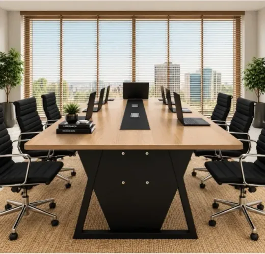 Mesa de Reunião Trapeze Wood Copenhagen 8 Tomadas. L240cm x P100cm x A74