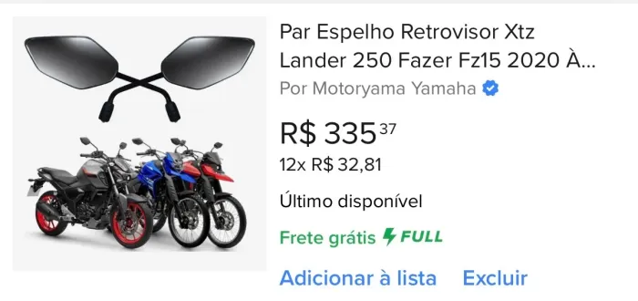 Par Espelho Retrovisor Fazer Fz15 e Xtz Lander 250 - 2020 a 2025