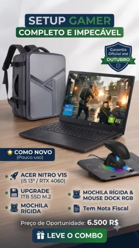 Acer nitro v15 rtx 4060 16gb ram 1tb Ssd mochila mouse ZERO NF e garantia até out/26