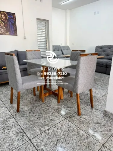 Mesa de jantar 1,20x0,80 Tampo Vidro + 4 Cadeiras Madeira de lei Maciça