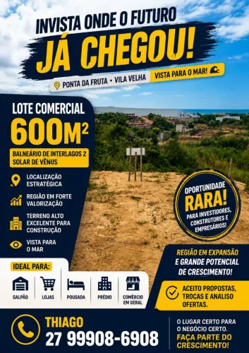 LOTE COMERCIAL 600M² EM PONTA DA FRUTA - VISTA PARA O MAR | INTERLAGOS II, ACEITO OFERTAS<br>
