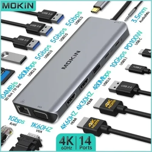 Adaptador USB C hub Dock 14 portas