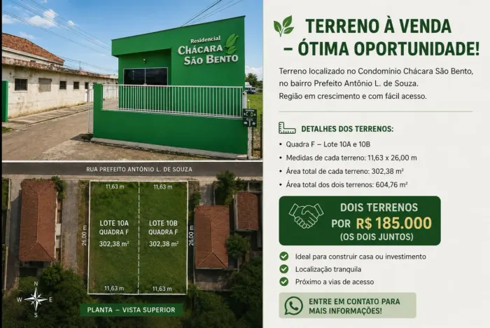 TERRENO BEM LOCALIZADO. CHÁCARA SÃO BENTO