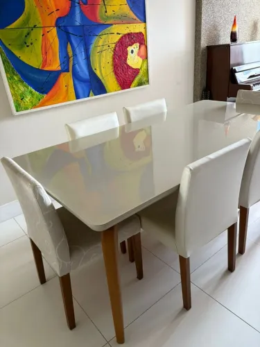 Mesa de Jantar Grande com Tampo de Vidro e 6 Cadeiras - 2 Metros