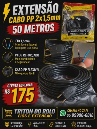 Extensão Cabo PP 2 x 1.5 mm Flexível 50 Metros