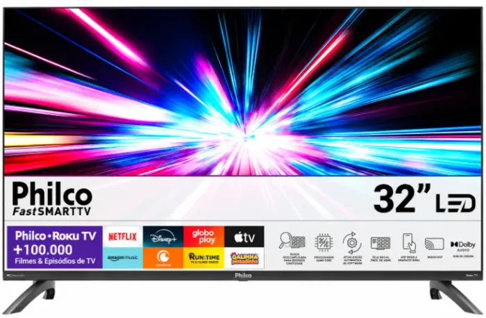 Smart TV 32" Philco Roku TV Dolby Áudio Nova, Lacrada