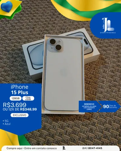 IPHONE 15 PLUS, 5G, 128GB, CHIP ESIM, AZUL, SEMINOVO , EXCLUSIVO!