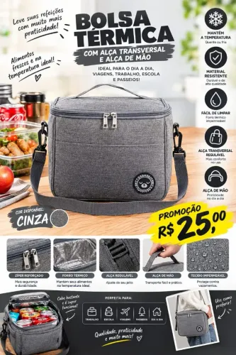 Promoção Bolsa Térmica Cinza com Alça transversal  