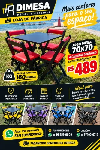 Estofados diversas cores, kit mesa 70x70 com 4 cadeiras dobráveis estofadas