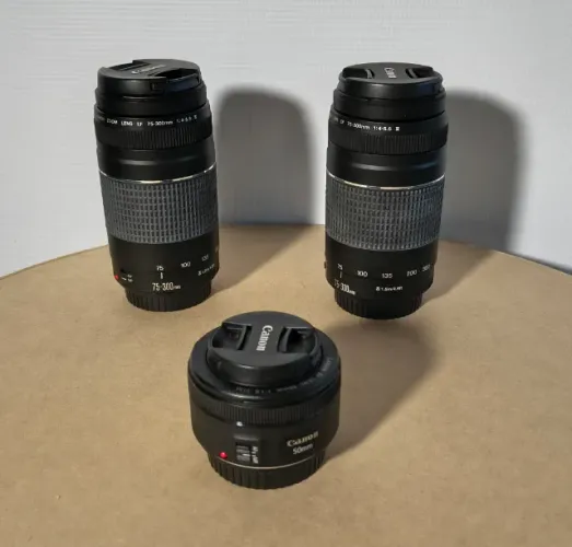 Kit Canon: lentes 75-300 + lente 50mm + tubos extensores + acessórios brindes