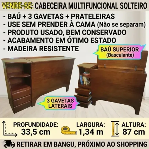 Cabeceira Solteiro com Baú + 3 Gavetas + Prateleiras (Bangu, próximo ao shopping)