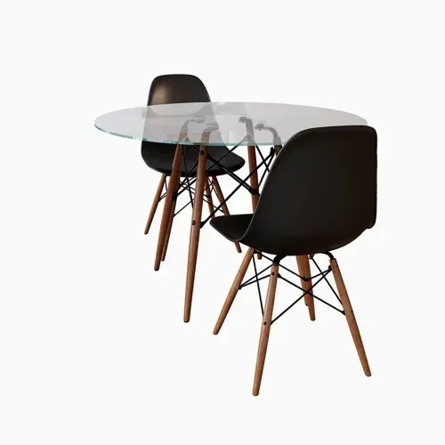 Conjunto de Mesa de Jantar Eames Eiffel Redonda Tampo de Vidro com 2 Cadeiras Pretas  