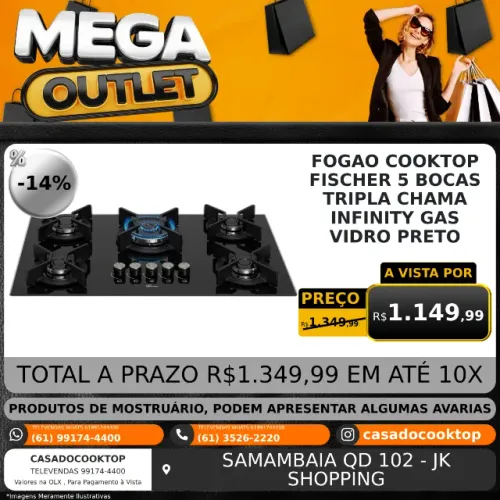 Fogao Cooktop Fischer 5 Bocas Tripla Chama Infinity Gas Vidro Preto 26298.57077