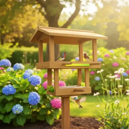 Comedouro e Bebedouro em Madeira para Pássaros Livres no Jardim