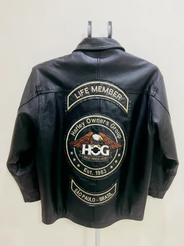 Jaqueta de couro legítimo G/GG com patchs HOG