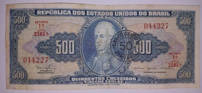 Cédula do Brasil 500 Cruzeiros  com carimbo 50 centavos