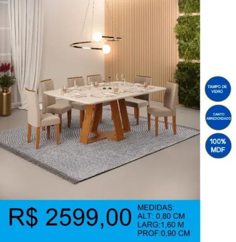 Mesa com 6 cadeiras tampo de vidro novidade - compre hoje e receba amanhã