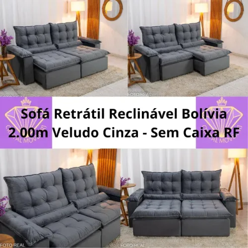 Sofá Retrátil Reclinável Bolívia 2.00m Veludo Cinza 06 - Sem Caixa