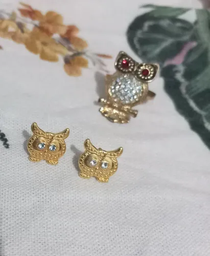 Colar Coruja com Pedrarias, anel e brinco