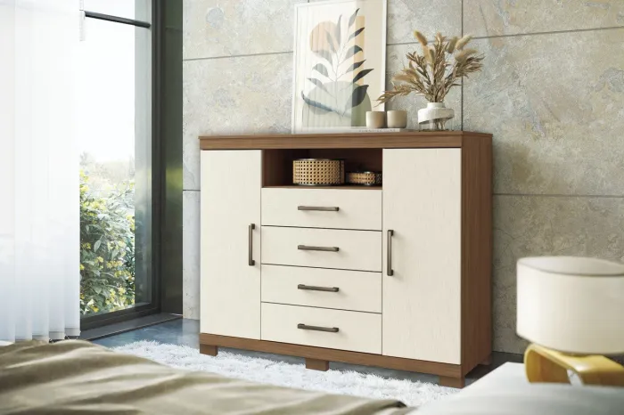 INSTA @TUDO_MOVEIS - CÔMODA COM CABIDEIRO 04 GABETAS 02 PORTAS