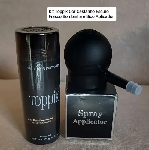 Kit Toppik Cor Castanho Escuro Profissional Frasco Bombinha e Bico Aplicador 