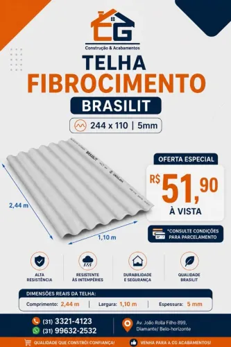 ** PROMOÇÃO ** Telha De Fibrocimento 5mm 2,44x1,10 Brasilit - R$51,90UN A VISTA.