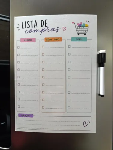 Imã, planner magnético, lousa geladeira, lista de compras 