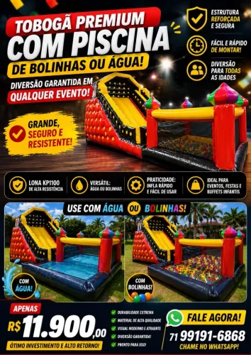 Tobogã Inflável Premium com Piscina de Água ou Bolinhas.