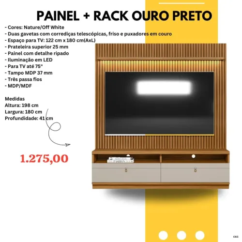 Painel + Rack ouro Preto para TV até 75 polegadas / pague na entrega 