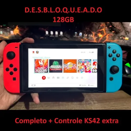Nintendo Switch 128GB D.E.S.B.L.0.Q. Costela, Completo + Controle LinYuvo KS42 Hall Effect
