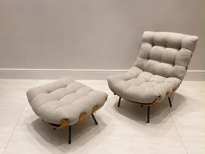 Kit Poltrona Com Puff Costela Algodão Slim Cor Cinza-claro ABRA CASA