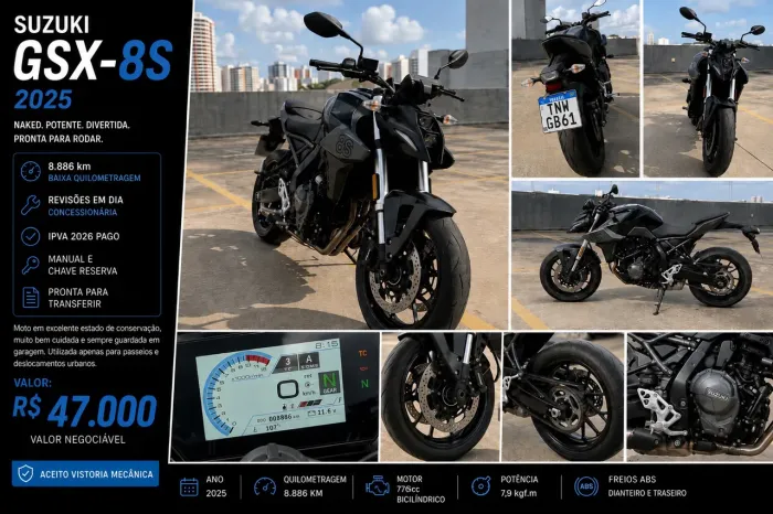 Suzuki GSX-8S 2025 - Apenas 8.886 km
