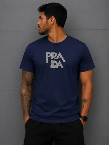 Camiseta Prada Azul - Escuro Logo Dourado- Malha Peruana Casual Premium 40:1