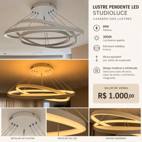 Lustre pendente ajustável em formato e altura