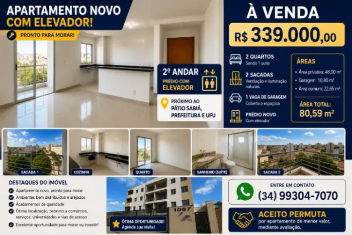 Apartamento Novo 2 Quartos c/ Suíte | 2 Sacadas | Próximo UFU | R$ 339 Mil