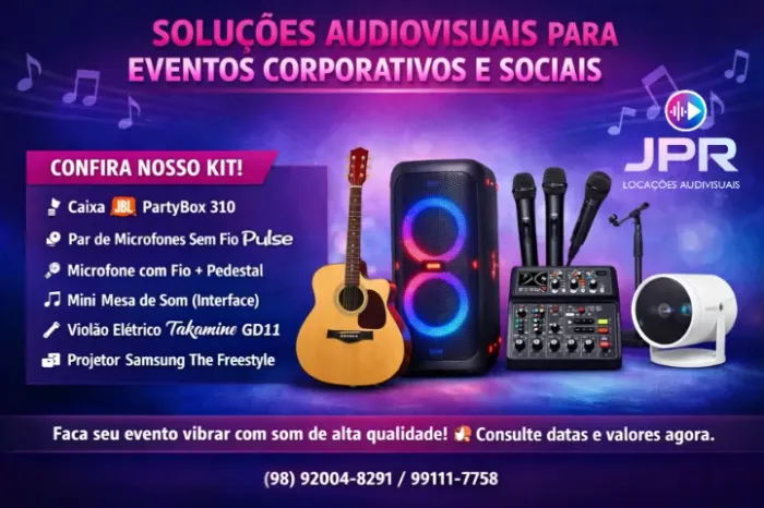 Aluguel de som e equipamentos audiovisuais para eventos sociais e corporativos.