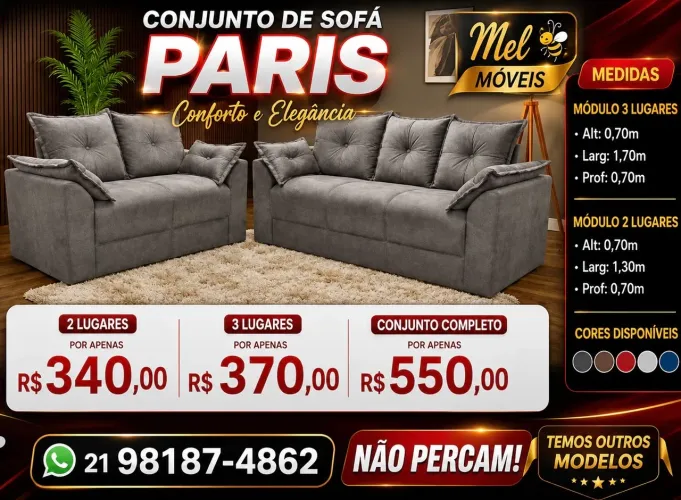 ? 550,00 PROMOÇÃO - sofá conjunto paris 2 e 3 lugares - direto da fábrica