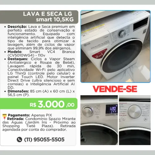 Lava e Seca LG Smart VC4 10.5kg Branca Inteligência Artificial 110V