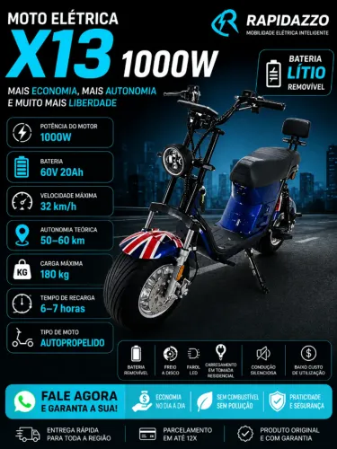 X12 Elétrica 1000W | Autonomia até 60km | Suporta 180kg